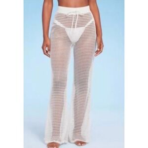 Shade & Shore White Crochet Mesh Swim Cover-Up Pants XS High Waist Wide Leg